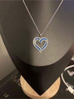 Silver Heart Pendant Necklace with Blue and Clear Crystal Accents